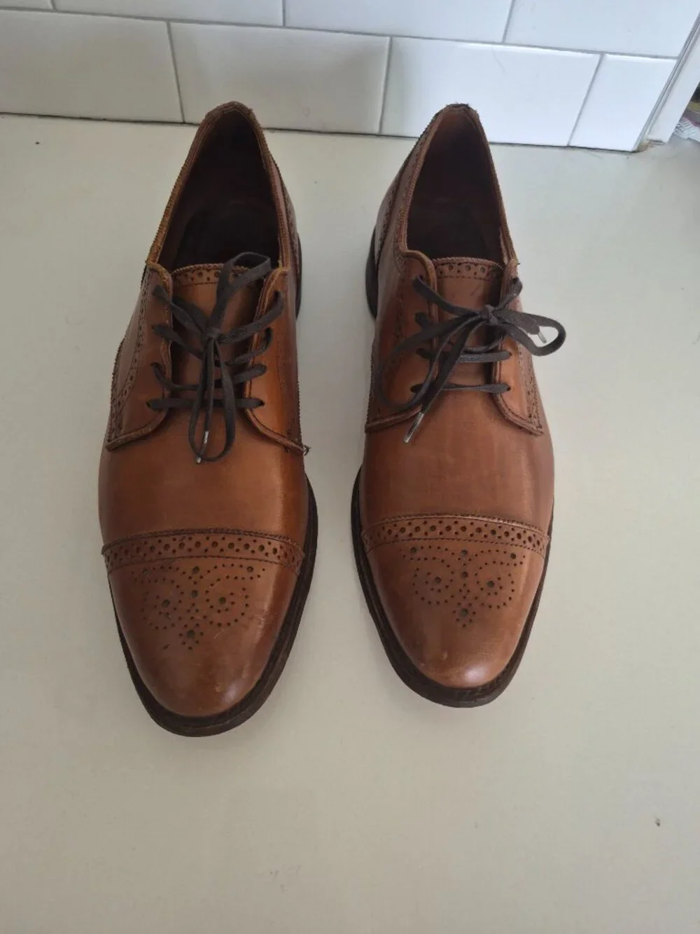 Allen Edmonds Sanford Dress Shoes Brown Leather Cap Toe Brogue Blucher 14 D
